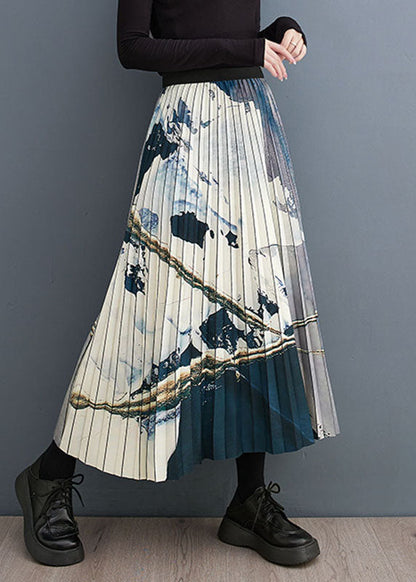 Print Patchwork Elastic Waist a Line Skirt Fall