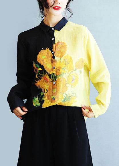 Black Peter Pan Collar Sunflower Print Linen Shirt Fall
