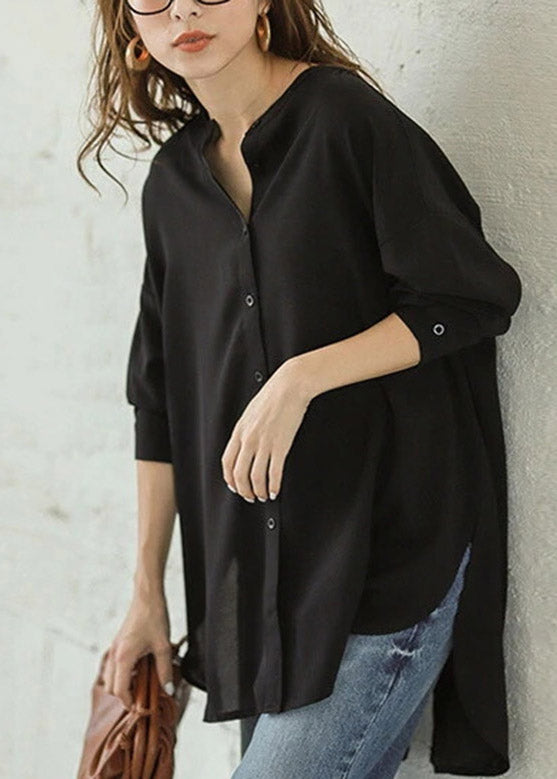 White Stand Collar Button Side Open Low High Design Shirt Long Sleeve