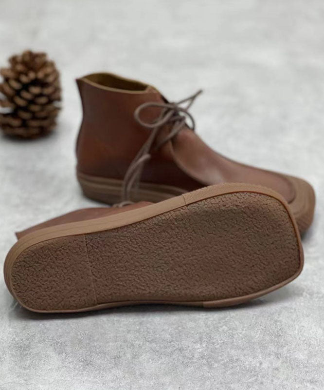 Chocolate Cowhide Leather Boots Lace Up Ankle Boots