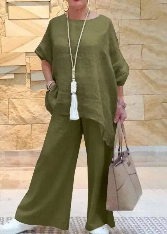 Blue O-neck Asymmetrical T Shirts and Wide Leg Pants Two Pieces Set Short Sleeve