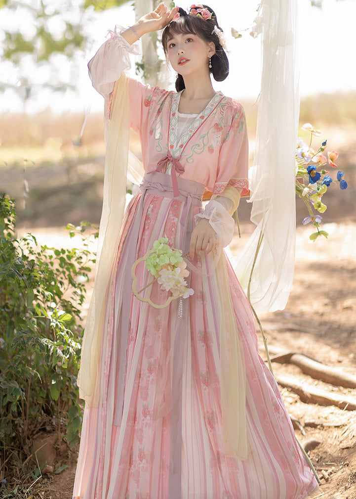 Pink Patchwork Chiffontwo Piece Set Embroideried Lace Up Flare Sleeve