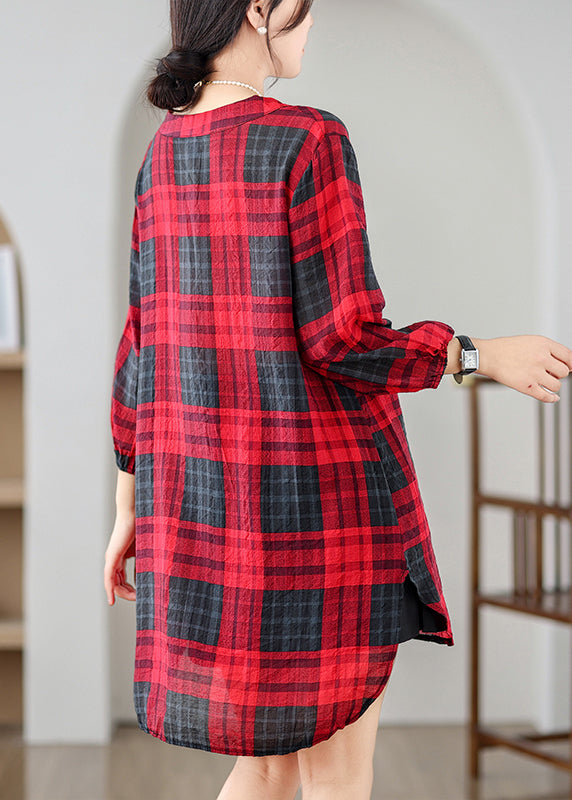 Red V Neck Plaid Linen Mid Dresses Summer