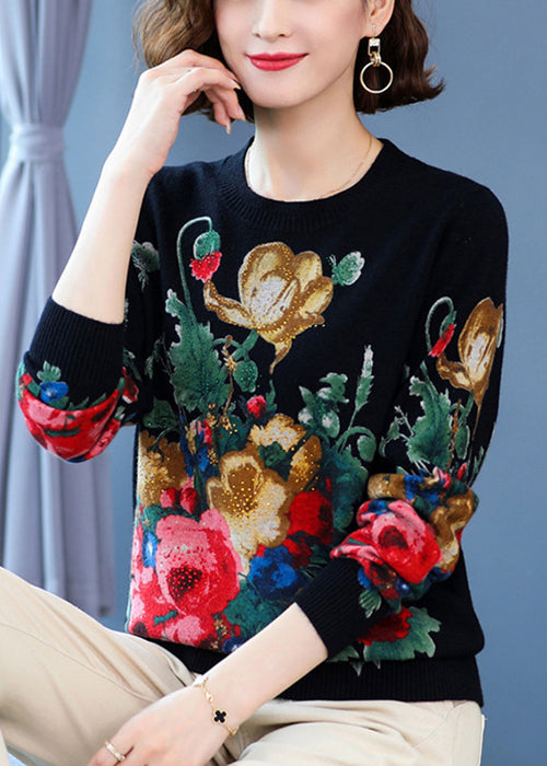 Black O Neck Print Wool Knit Sweater Long Sleeve