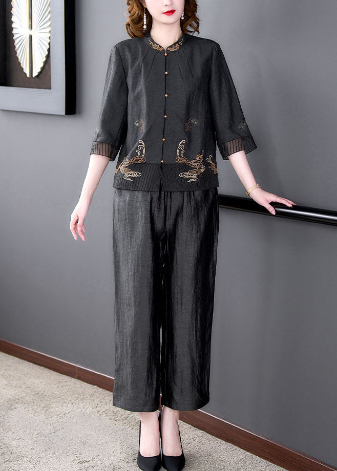Black Mandarin Collar Oriental Button Tulle Patchwork Silk Two Piece Set Clothing Summer