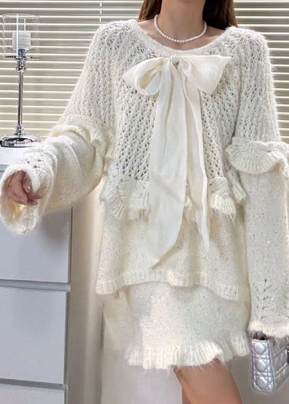 Purple Ruffled Hollow Out Bow Knit Two Piece Set Winter