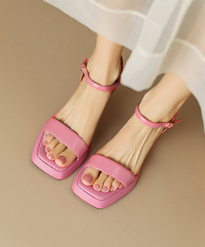 Pink Cowhide Buckle Strap Platform Leather Sandals