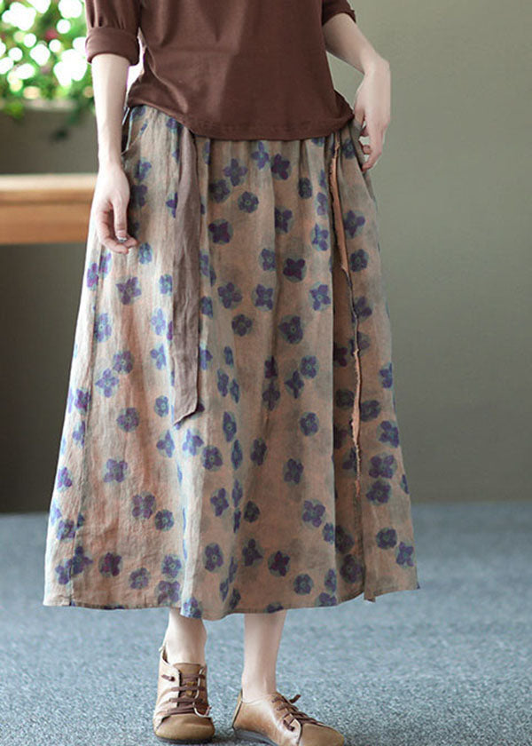 Yellow Pockets Print Linen a Line Skirts Summer