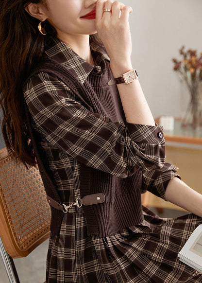 Peter Pan Collar Plaid Knit Waistcoat and Mid Dresstwo Pieces Set Spring