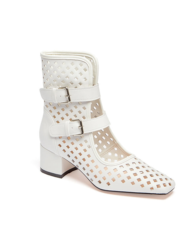 Comfy Splicing Hollow Out Chunky Boots Gold Faux Leather