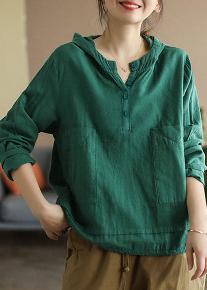 Green Button Patchwork Cotton Top Long Sleeve