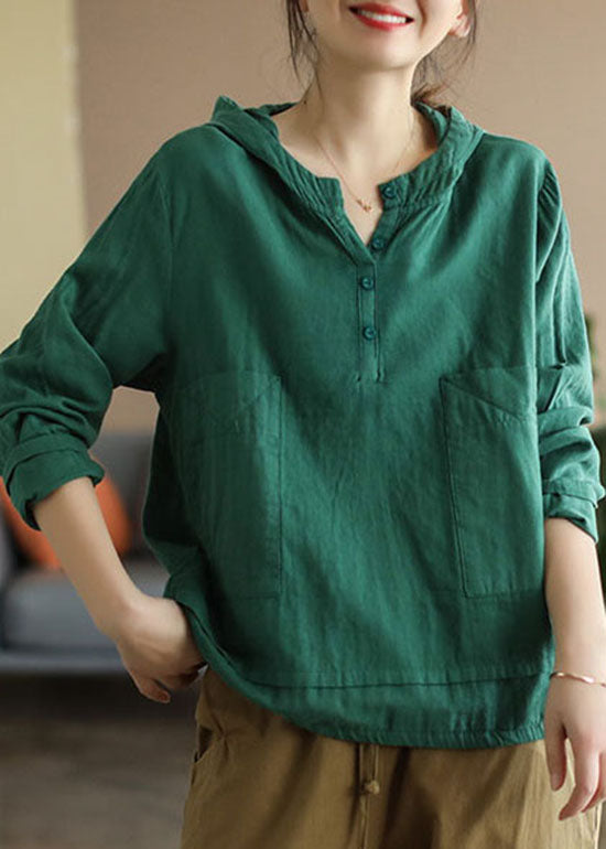 Green Button Patchwork Cotton Top Long Sleeve