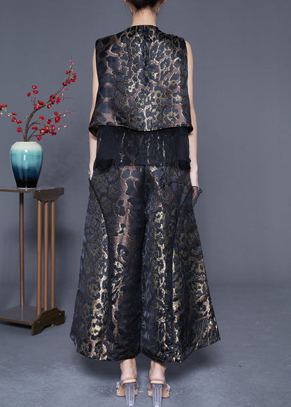 Black Patchwork Silk Two-piece Set Oversized Leopard Print Summer