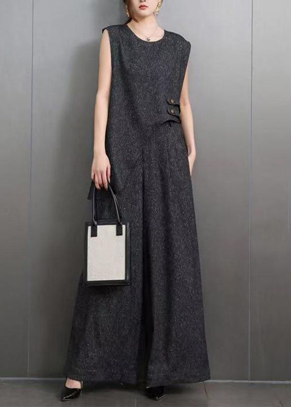 Blue O-neck Navy Asymmetrical Denim Top and Wide Leg Pants Two Pieces Set Summer