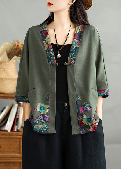 Black V Neck Print Button Cotton Cardigans Fall