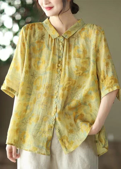 Yellow Peter Pan Collar Print Linen Shirt Tops Summer
