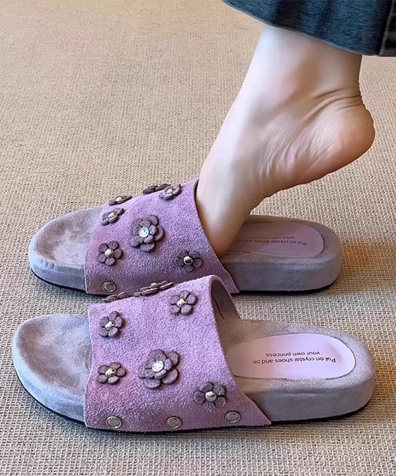 Fine Splicing Purple Suede Slide Sandals Peep Toe