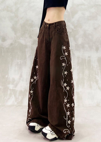 Brown Oversized Print Denim Wide Leg Pants Spring