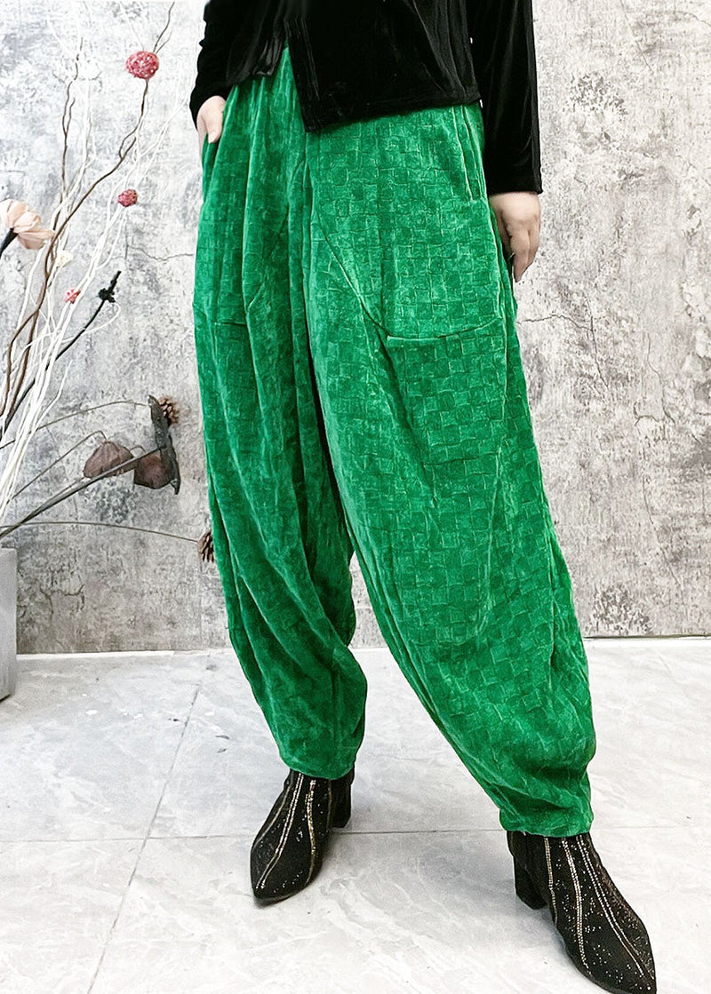Green Plaid Elastic Waist Velour Lantern Pants Spring
