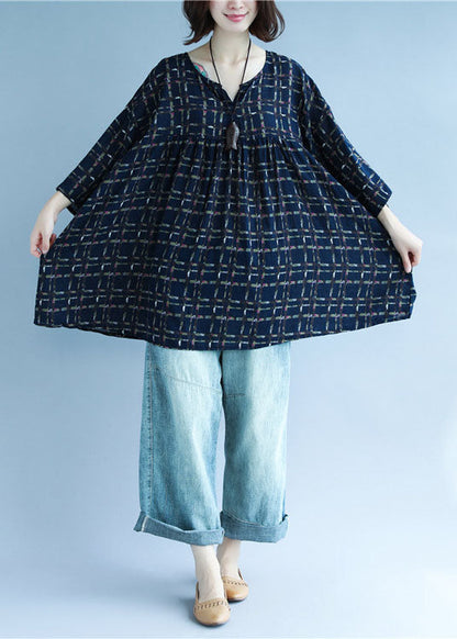 Navy V Neck Print Patchwork Fall Shirt Three Quarter Sleeve