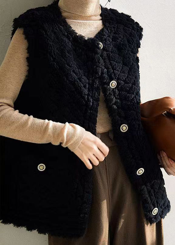Black O Neck Button Patchwork Wool Vest Sleeveless