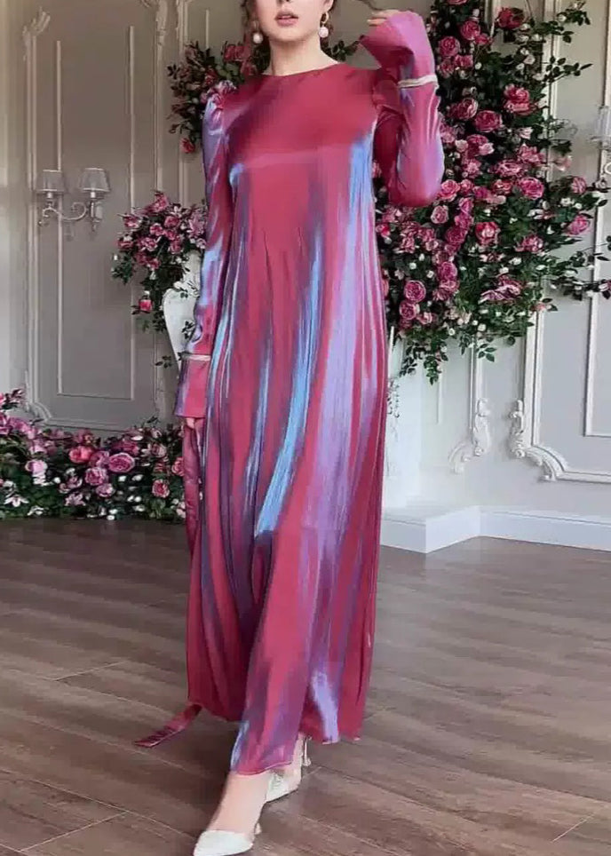 Purple O Neck Silk Maxi Dress Spring