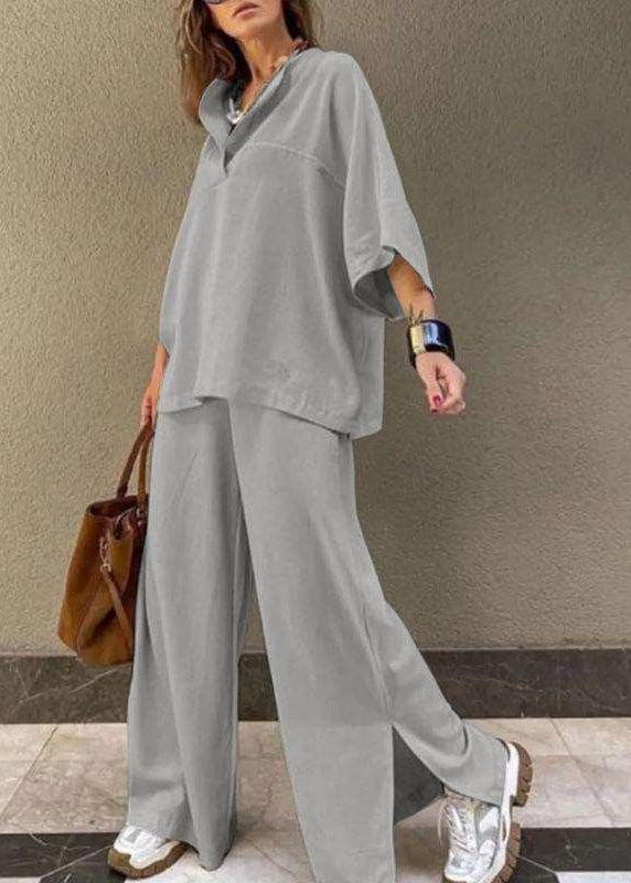 Grey Side Open T Shirts and Wide Leg Pants Two Pieces Set Bracelet Sleeve