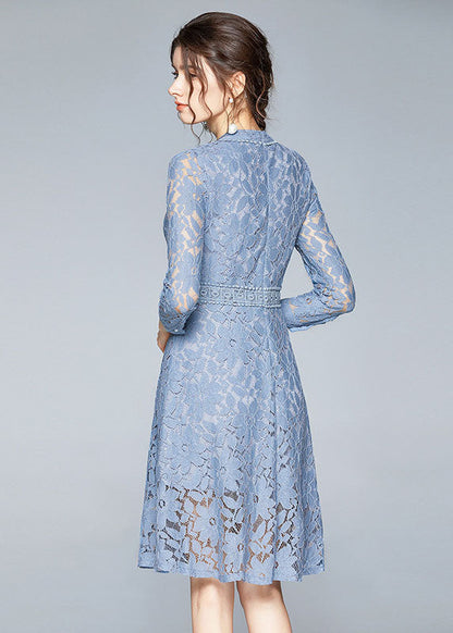 Handmade Blue Stand Collar Lace Cinch Dresses Bracelet Sleeve