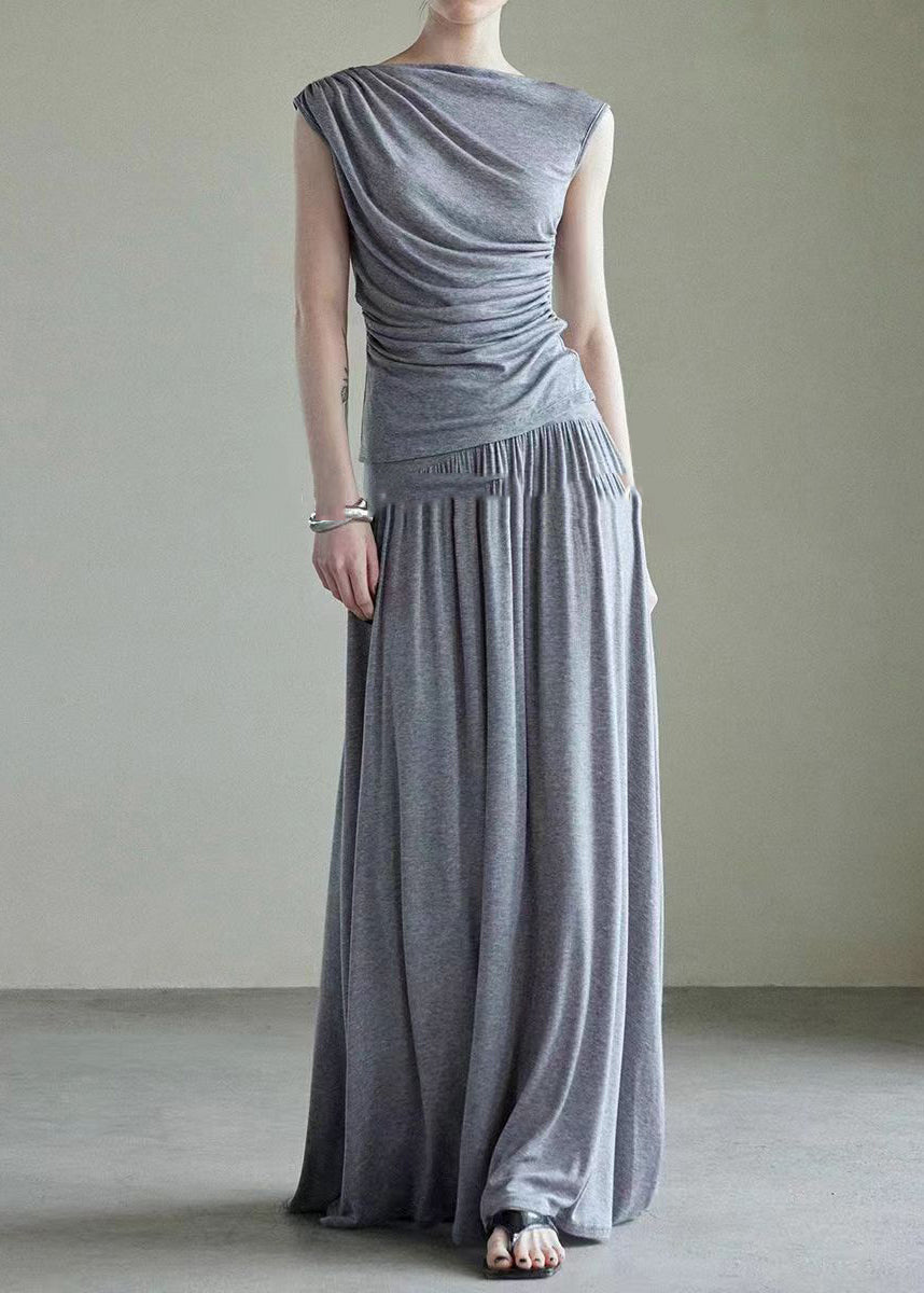 Handmade Grey Slash Neck Vest and Maxi Skirts Cotton Two Piece Set Sleeveless