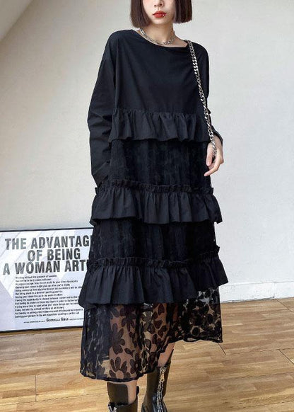 Black Ruffles Pockets Fall Lace Dresses
