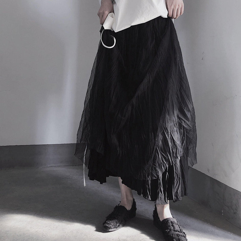 Black Pleated Double Layer Design With Elastic Waist Skirt on Both Sides