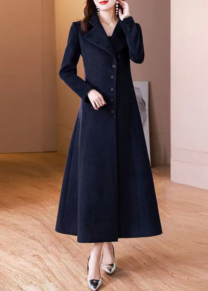 Navy Peter Pan Collar Button Woolen Long Coat Winter