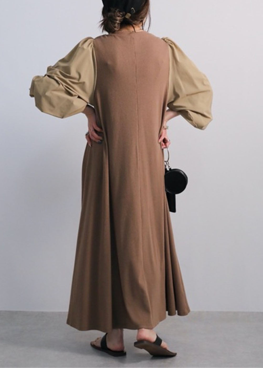 Coffee O Neck Patchwork Cotton Dress Lantern Sleeve