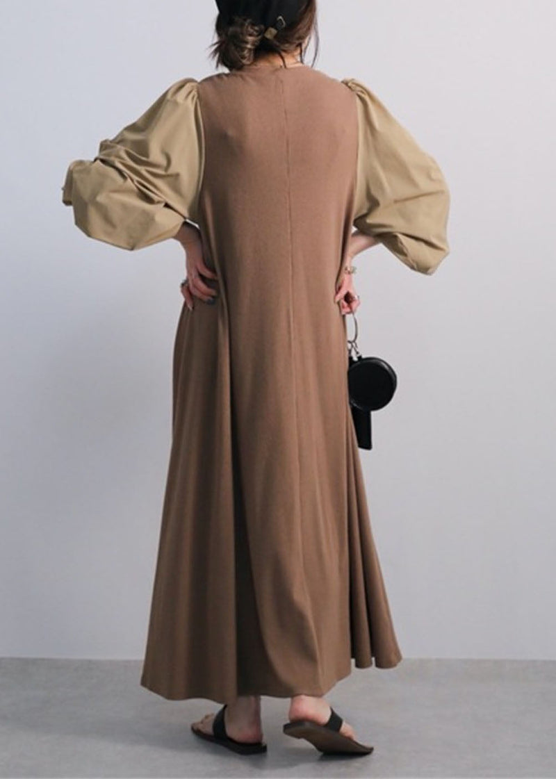 Coffee O Neck Patchwork Cotton Dress Lantern Sleeve