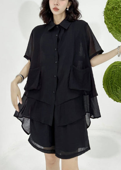 Loose Black Asymmetrical Patchwork Shirts and Shorts Cotton Two Pieces Set Summer