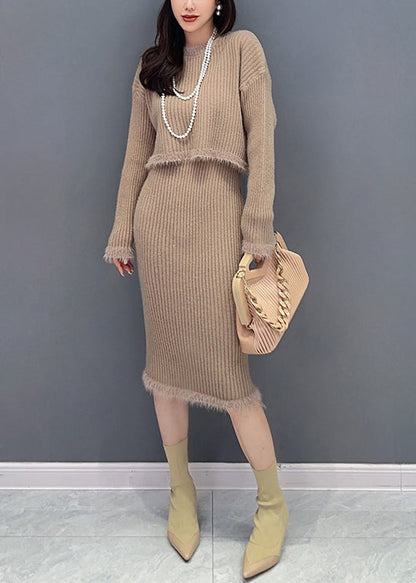 Slim Fit Black O Neck Patchwork Tops and Waistcoat Dress Knit Two Piece Set Fall