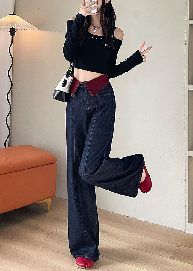 Navy High Waist Patchwork Denim Straight Pants Spring