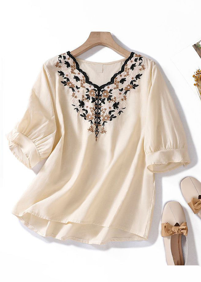 Apricot V Neck Embroidered Linen T Shirt Summer