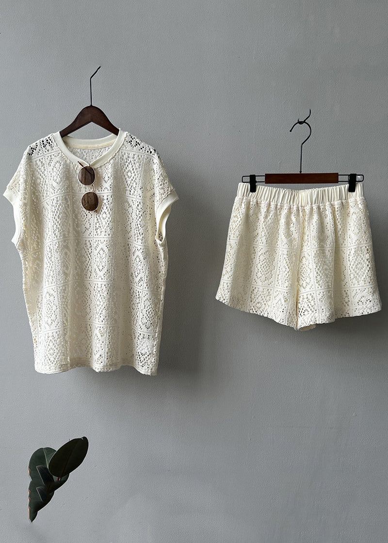 Beige O-neck Hollow Out Top and Shorts Two Pieces Set Summer