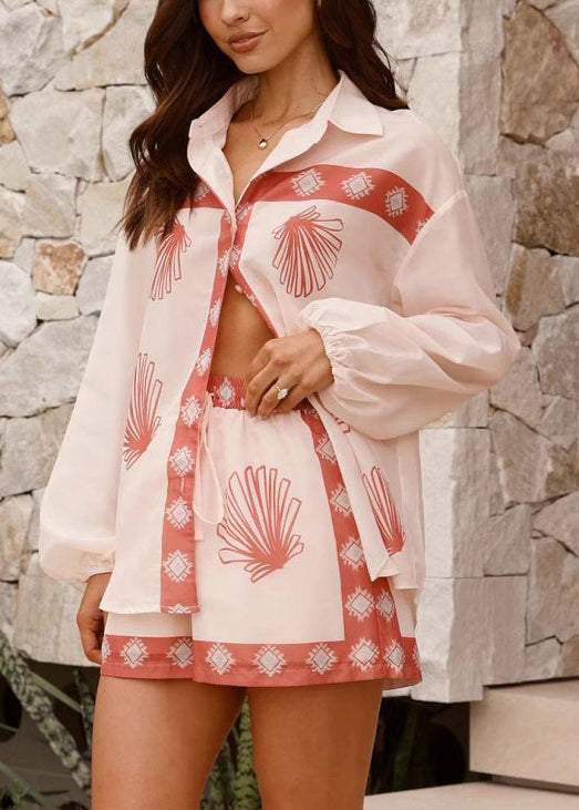 Pink Button Print Linen Shirt and Shorts Two Piece Set Spring