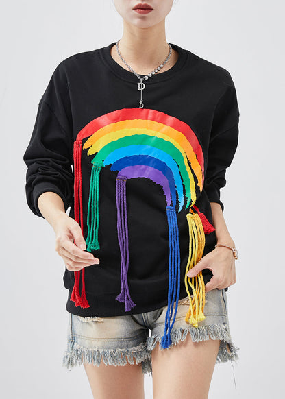 Diy Black Tasseled Rainbow Cotton Sweatshirt Tops Spring