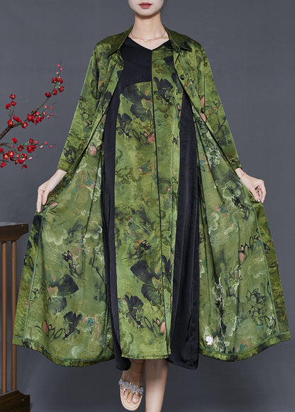 Boutique Green Oversized Print Silk Two Piece Set Clothing Spring