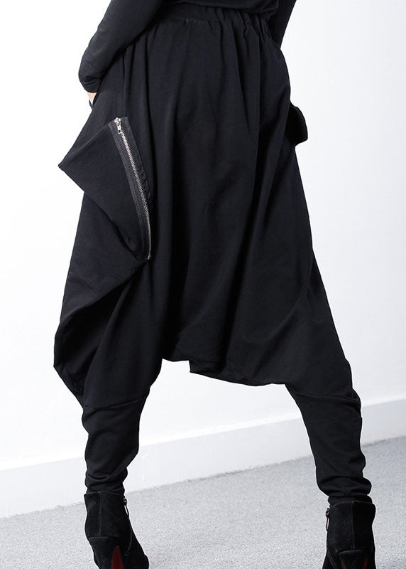 Black Zippered Asymmetrical Design Jogging Spring Pants