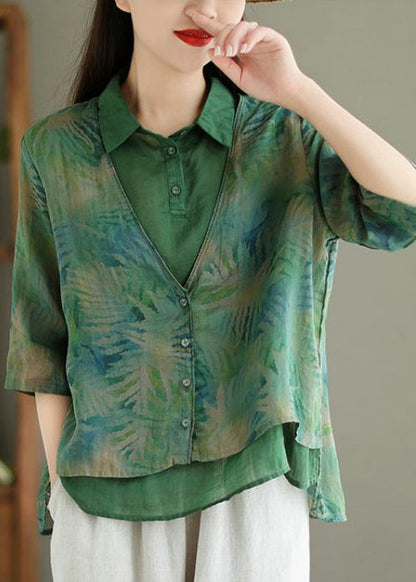 Green Print False Two Pieces Linen Shirt Half Sleeve