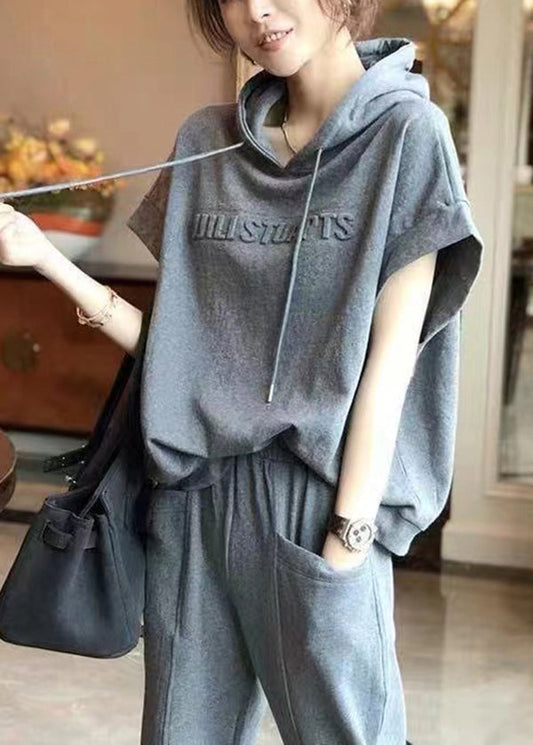 Grey Hooded Sport Suit Cotton Two Pieces Set Summer