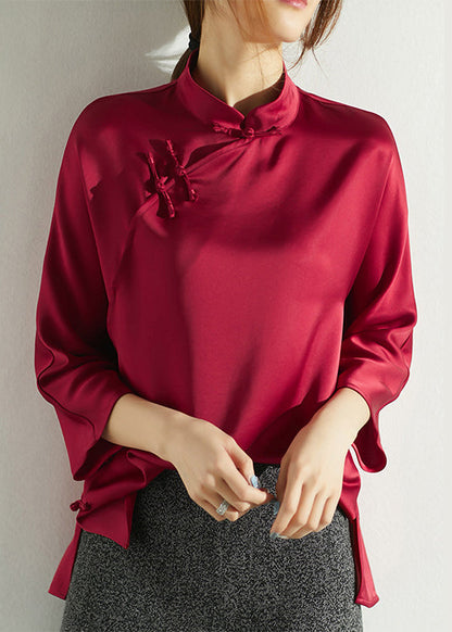 Fine Red Mandarin Collar Side Open Silk Shirt Three Quarter Sleeve
