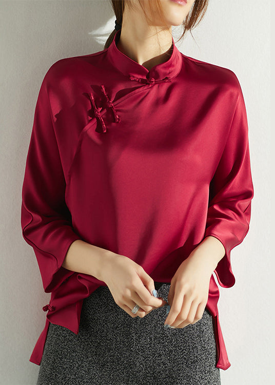 Fine Red Mandarin Collar Side Open Silk Shirt Three Quarter Sleeve
