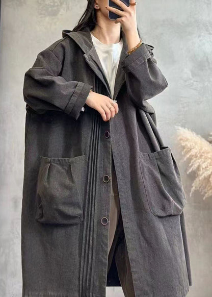 Black Wrinkled Patchwork Button Hooded Denim Trench Coats Long Sleeve
