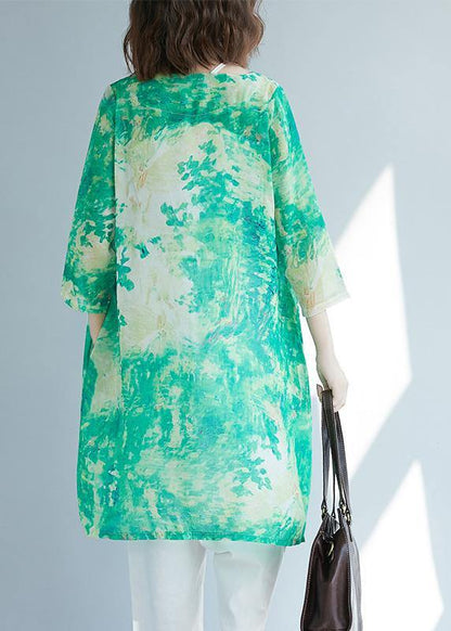 Organic Green Print Shirts V Neck Pockets Blouses