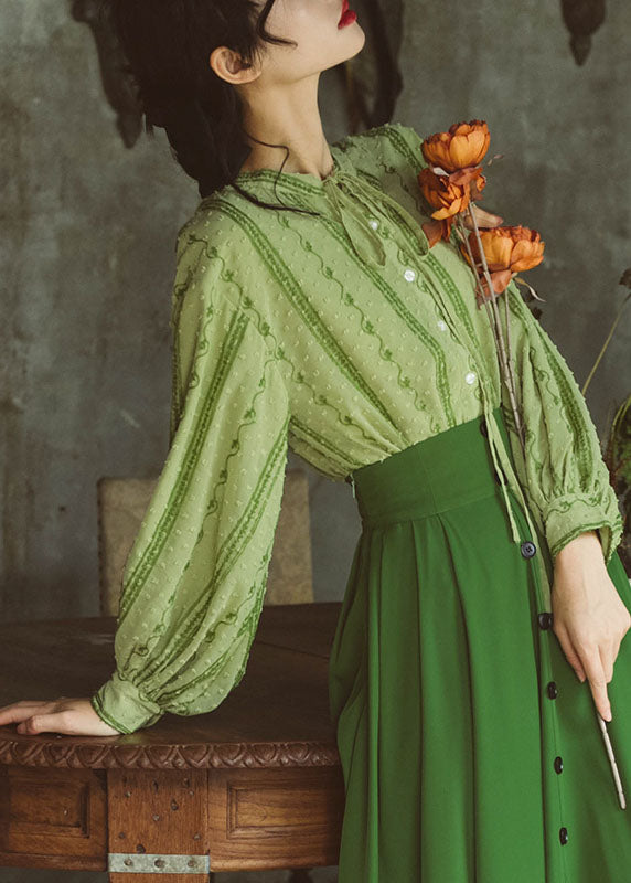 Green Embroideried Lace Up Cotton Shirt Top Spring